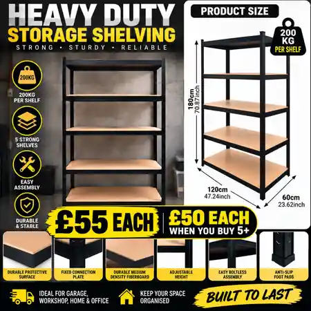 5 tier heavy duty 120cm x 60cm storage shelving unit, 200kg per shelf