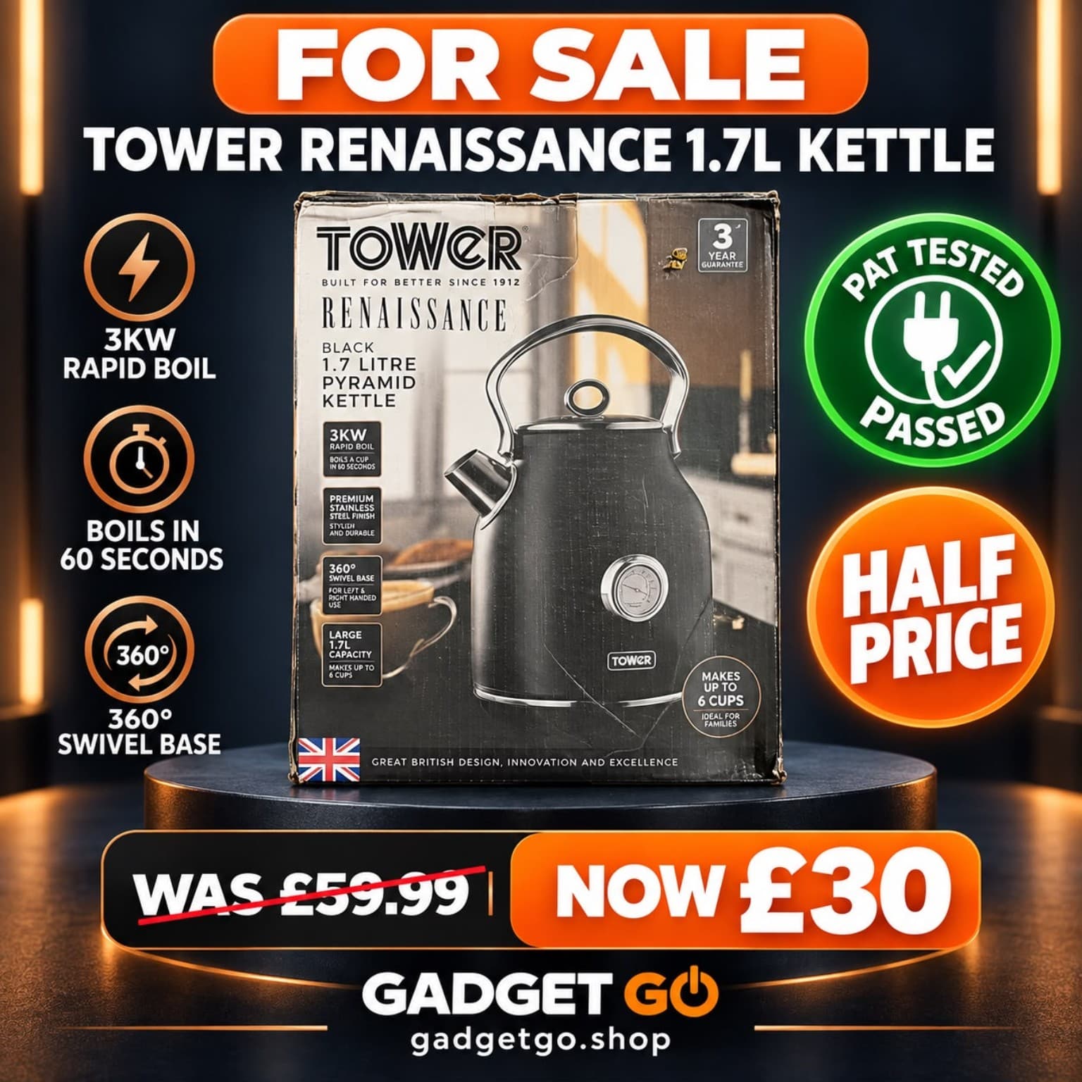 Tower Renaissance 1.7L Pyramid Kettle - Black