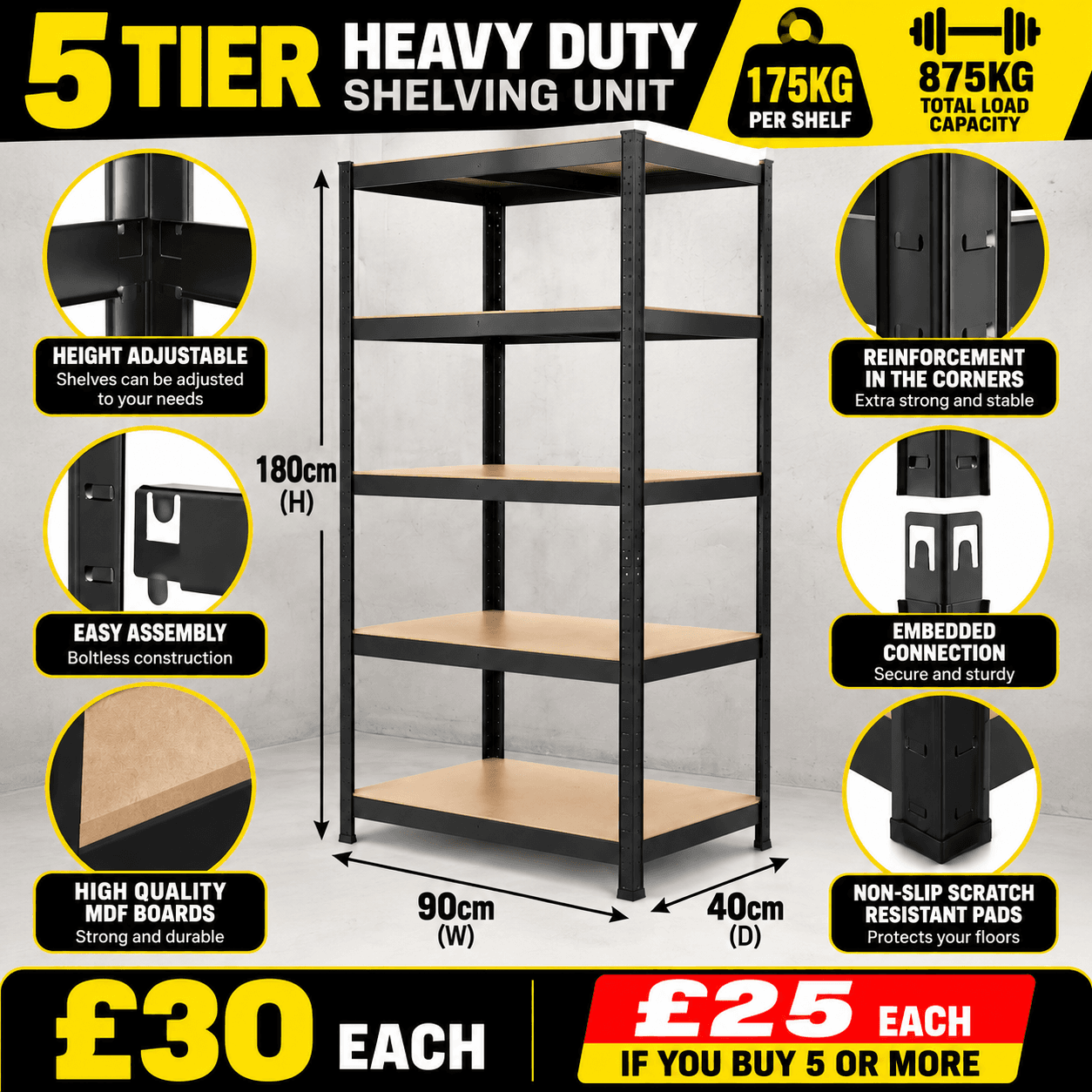 5 Tier Heavy Duty Shelving Unit - Black