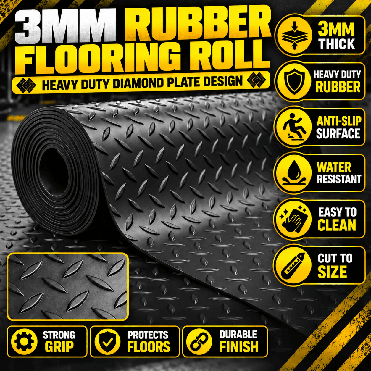 3mm Heavy Duty Diamond Plate Rubber Flooring Roll