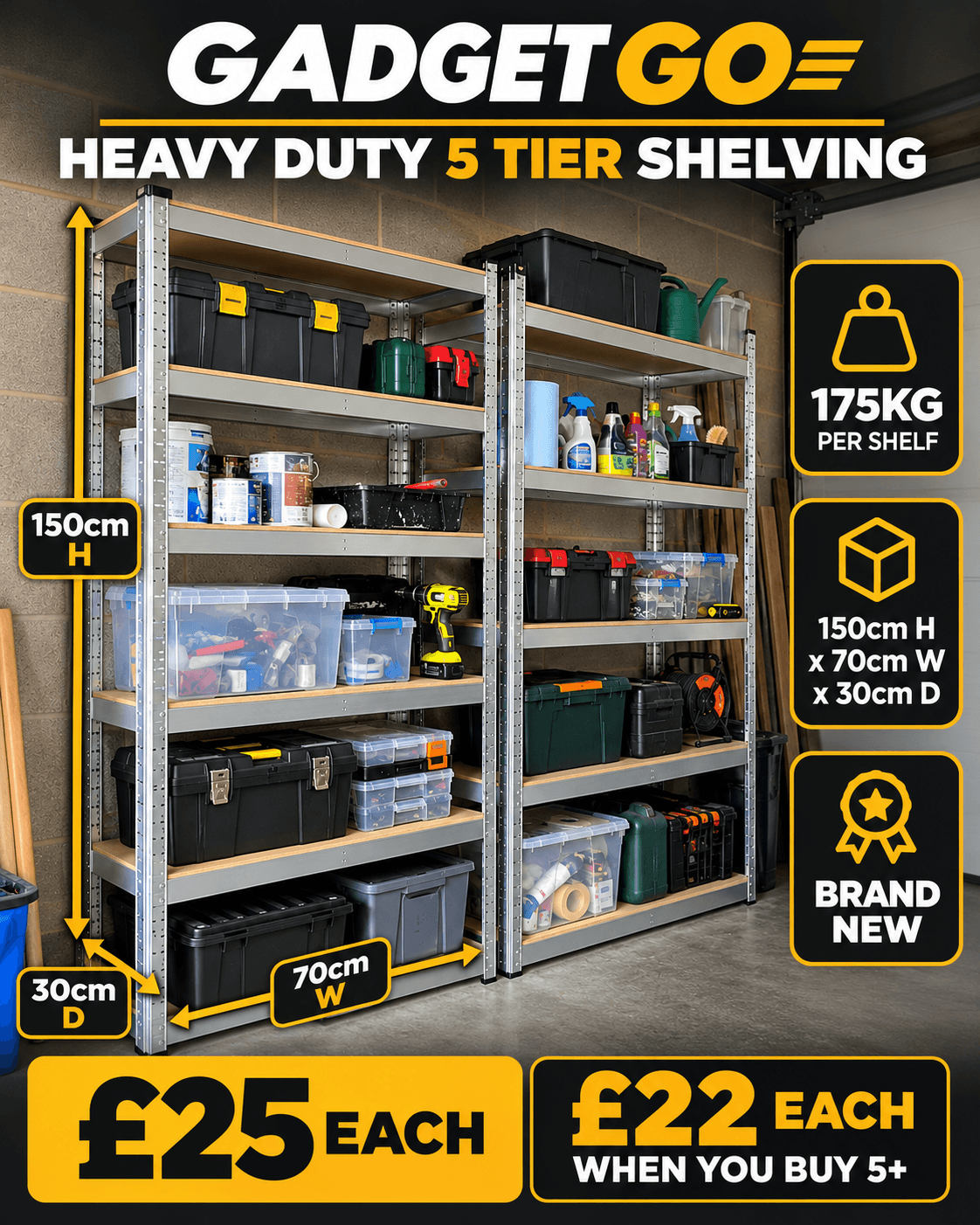 Heavy Duty 5 Tier Shelving Unit 150 x 70 x 30cm