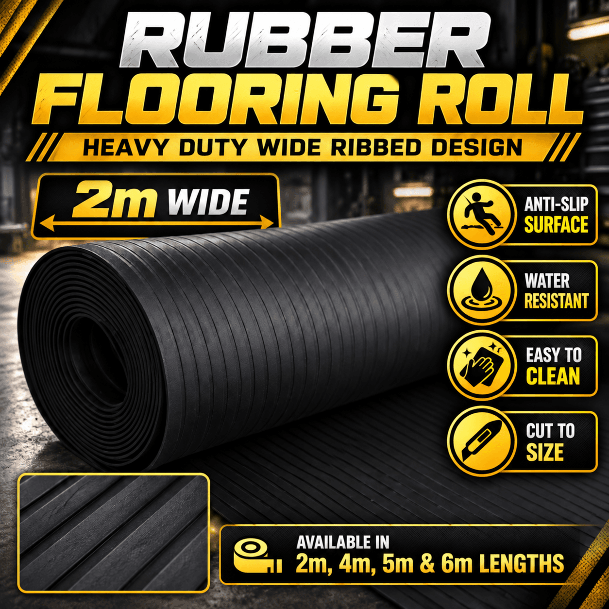 2m Wide Ribbed Rubber Flooring Roll