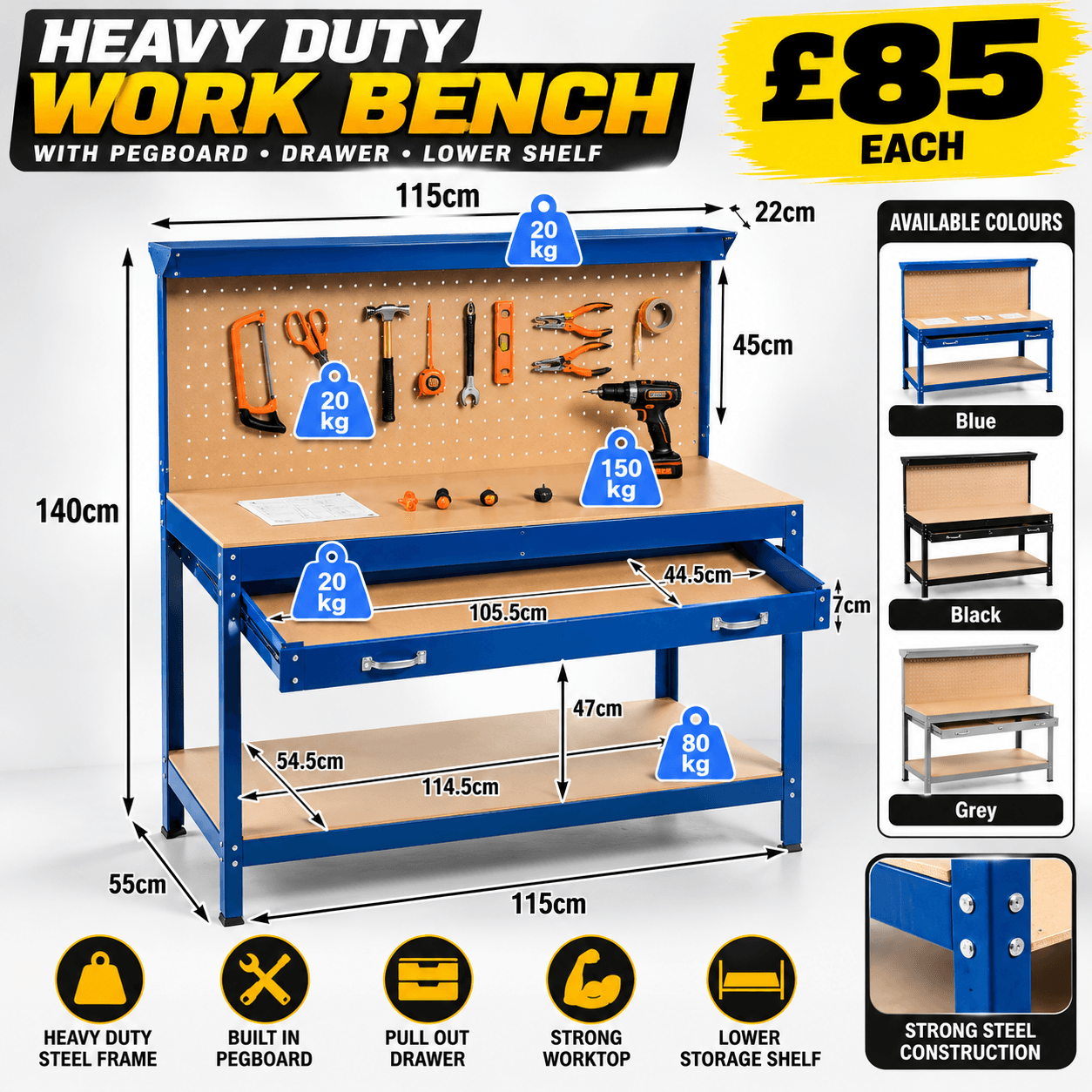Steel Garage Workbench with Drawer & Pegboard 115 x 55 x 140cm